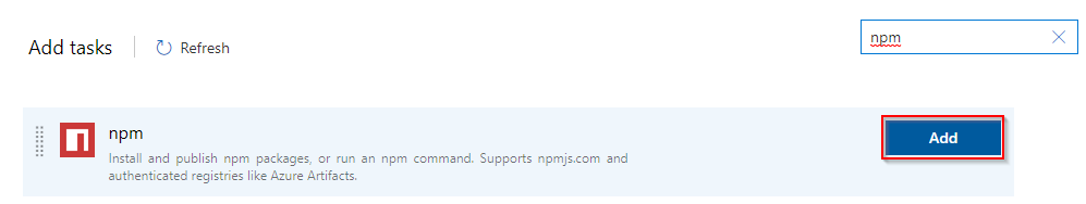 A screenshot showing how to find and add the npm task.