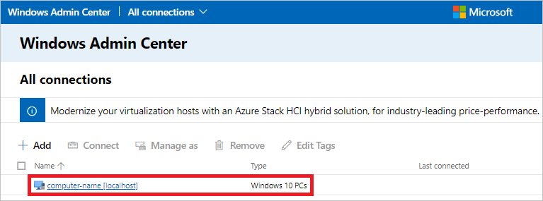 ターゲット デバイスの一覧が表示されている Windows Admin Center の最初のダッシュボード (PNG)