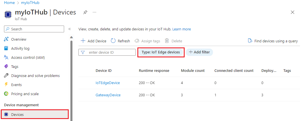 IoT ハブ内のすべての IoT Edge デバイスを表示する方法のスクリーンショット。