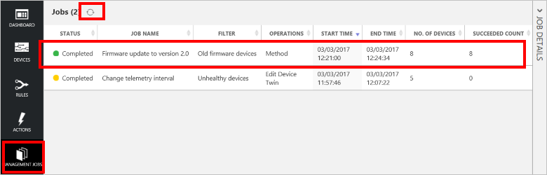 Job list showing the firmware update list complete