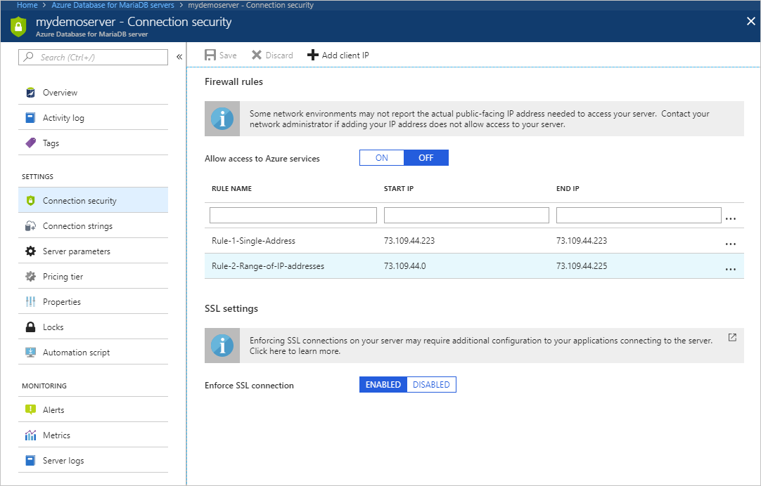 Azure portal - firewall rules