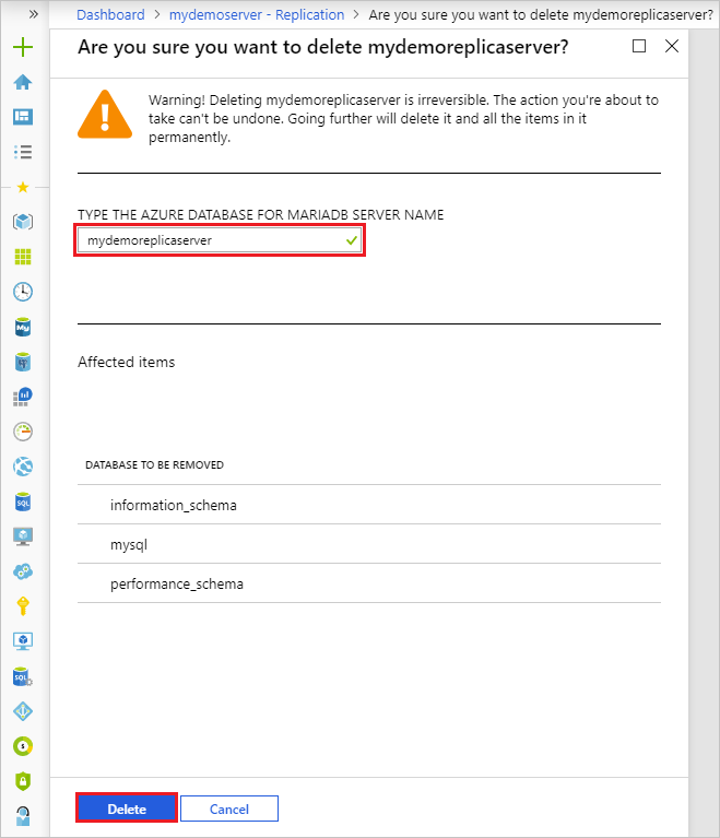 Azure Database for MariaDB - Delete replica confirm