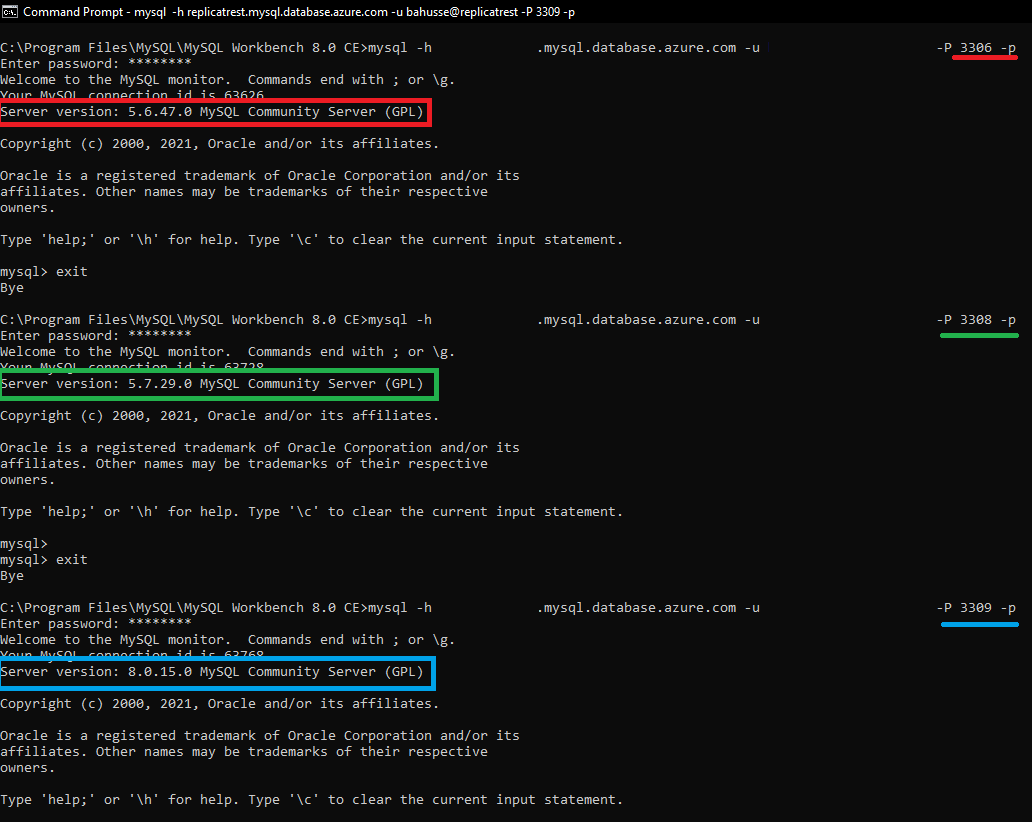 異なるバージョンのゲートウェイの MySQL を使用した接続の例