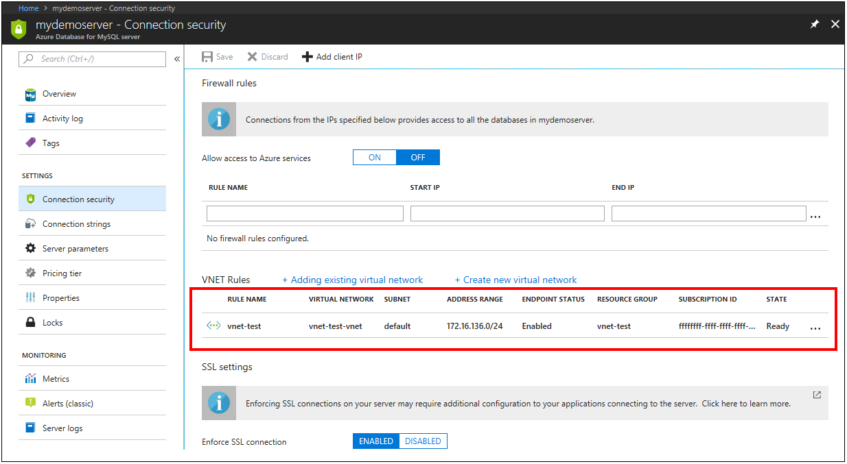 VNet サービス エンドポイントが有効で、VNet ルールが作成されている