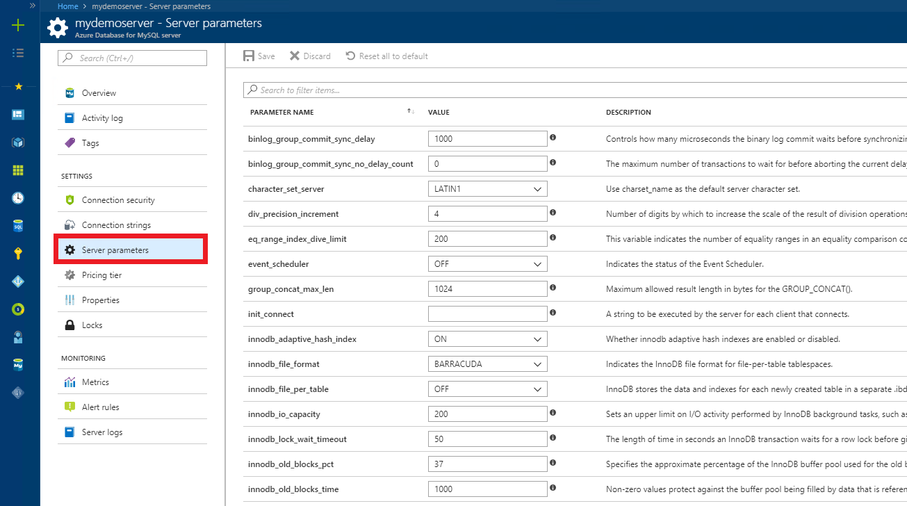 Azure Portal の [サーバー パラメーター] ページ