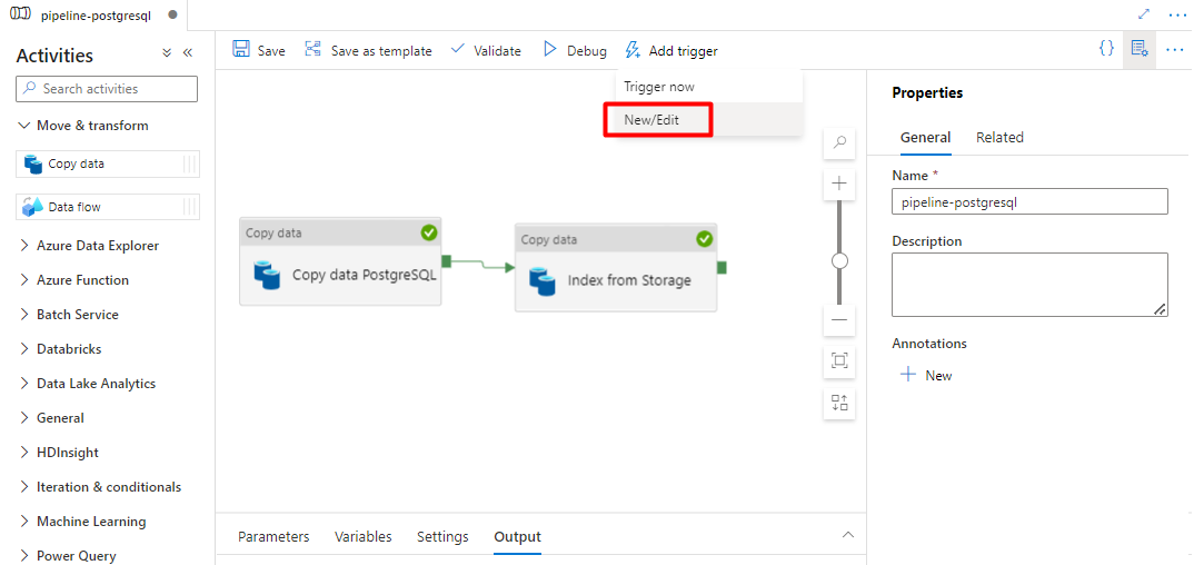 Data Factory でパイプラインの新しいトリガーを追加する方法を示すスクリーンショット。