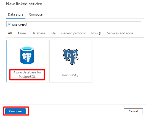 Azure Data Factory のリンク サービスの PostgreSQL データ ストアを選択する方法。