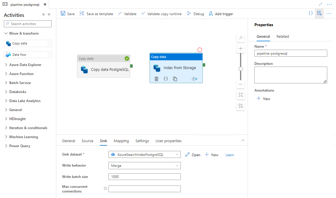 Storage から Azure Cognitive Search インデックスへのインデックス作成用にシンクを構成する方法を示すスクリーンショット。