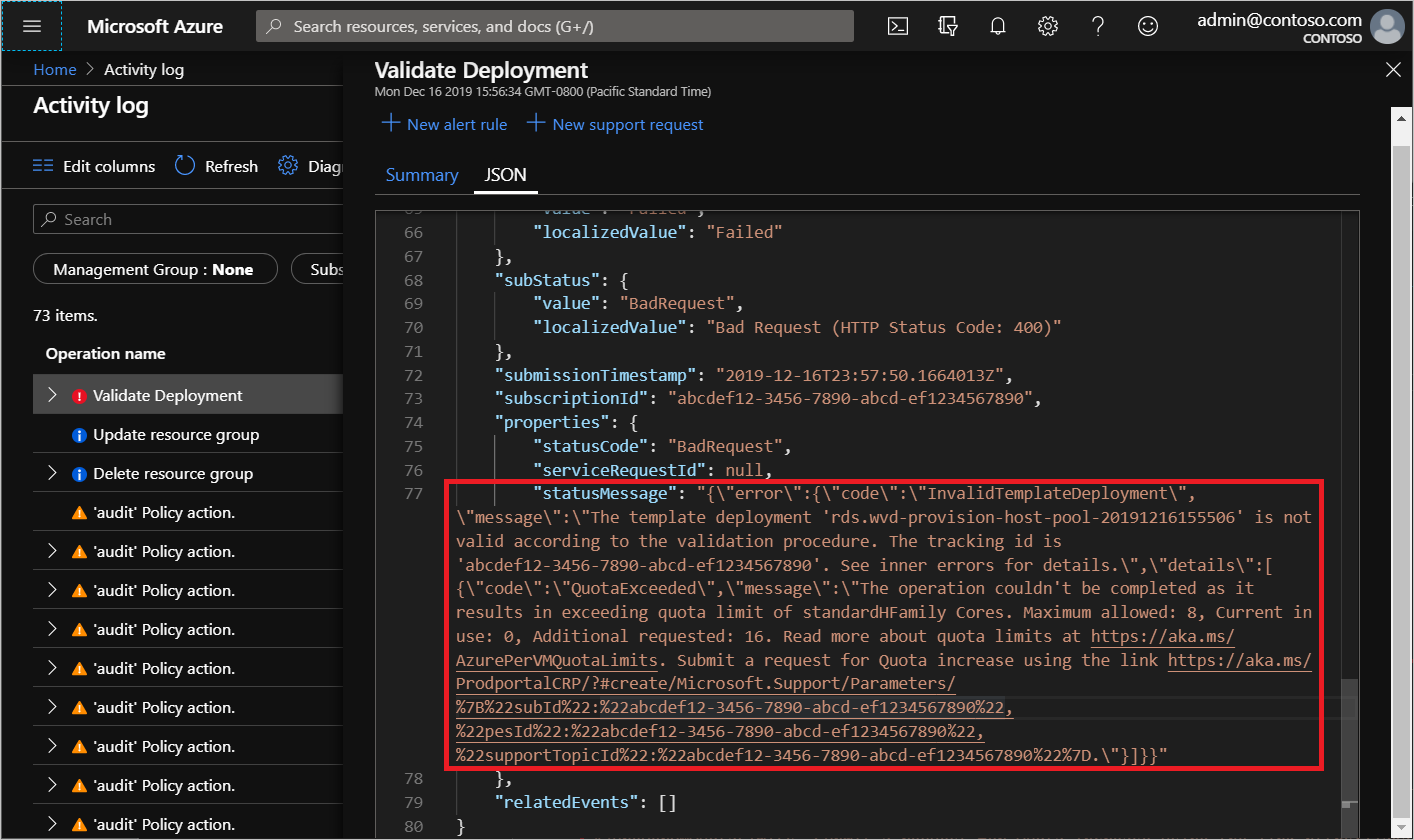 失敗したアクティビティのスクリーンショット。JSON テキストの statusMessage プロパティの周囲に赤いボックスが表示されています。