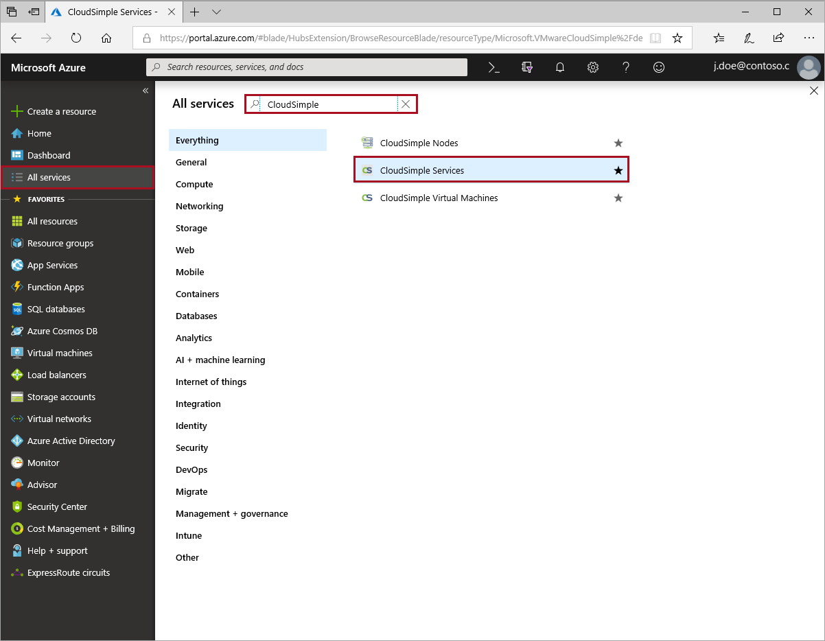 CloudSimple サービスを検索します