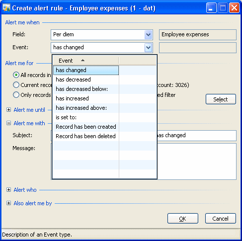 EventCreateRule form with a custom event type