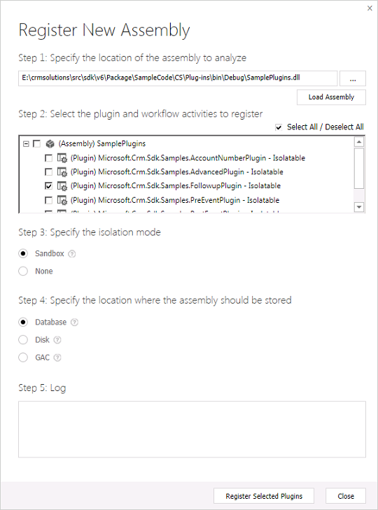 Dialog to register an assembly