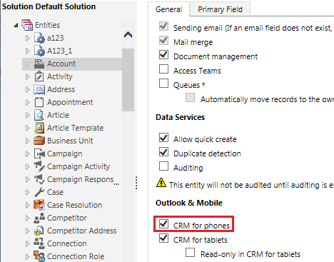 エンティティに対する電話用 CRM の無効化