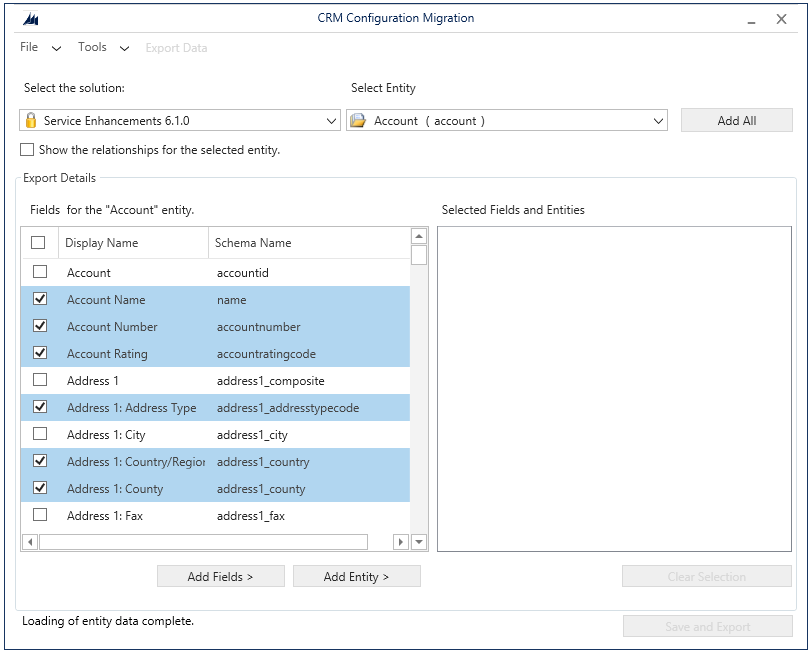 CRM でデータをエクスポートするスキーマの作成