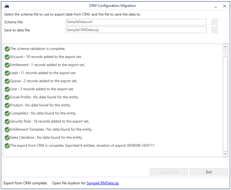 Dynamics 365 のエクスポート データのスクリーンショット