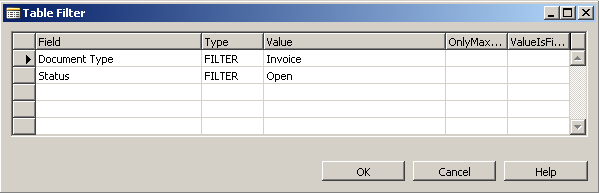 Shows the table filter setup for a Cue