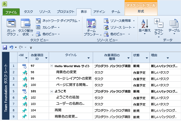 Team Foundation タスク シート ビュー