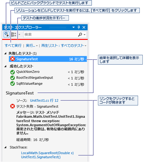 [すべて実行] ボタンを示すテスト エクスプローラー