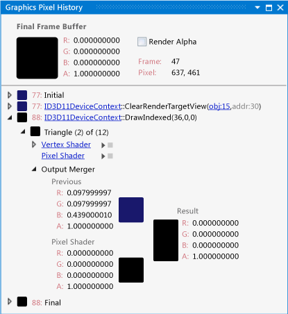 ピクセル履歴には 1 つの DrawIndexed イベントが表示されます。