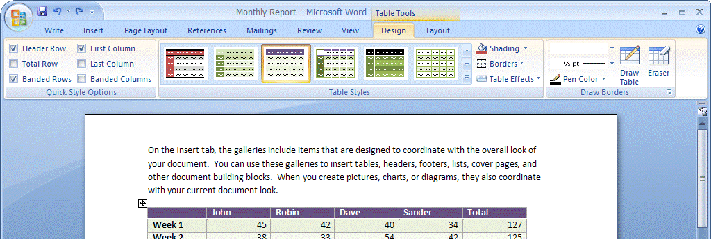 Word 2007 で表用に表示される操作別タブ