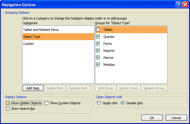 Hiding tables in the Object Type View