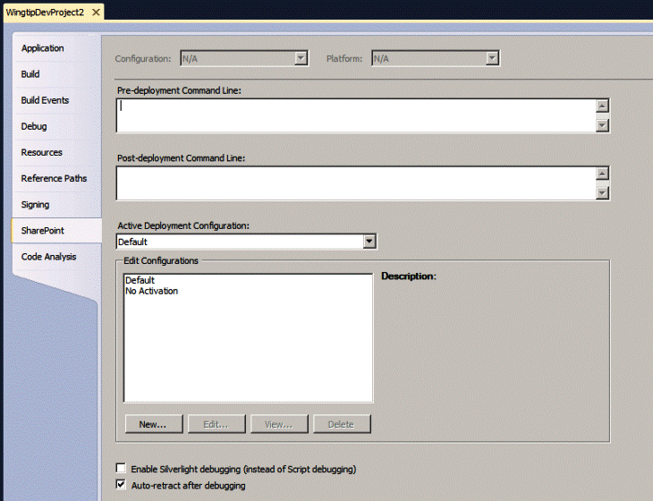 SharePoint tab showing deployment configurations.