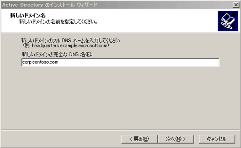 Active Directory のインストール、[新しいドメイン名] ページ