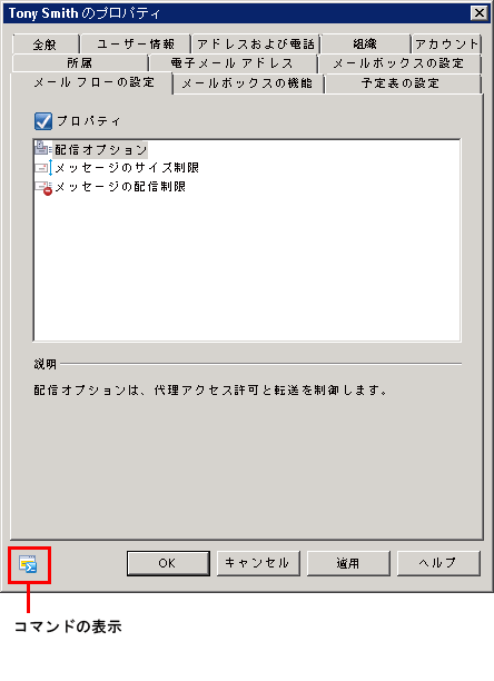 [表示コマンド] アイコンが強調表示されている [プロパティ] ボックス