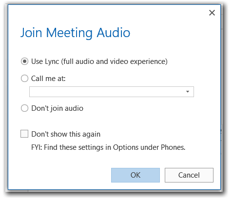 Lync を使用して会議のオーディオ ウィンドウに参加するスクリーンショット