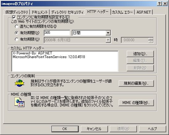 画像フォルダの IIS Manager プロパティ