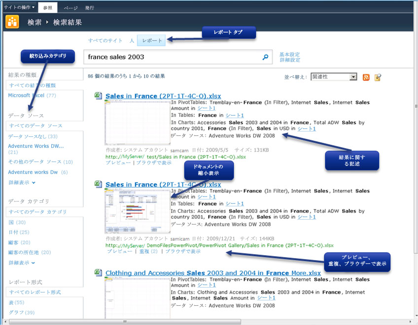 BI Indexing Connector [レポート] タブの例