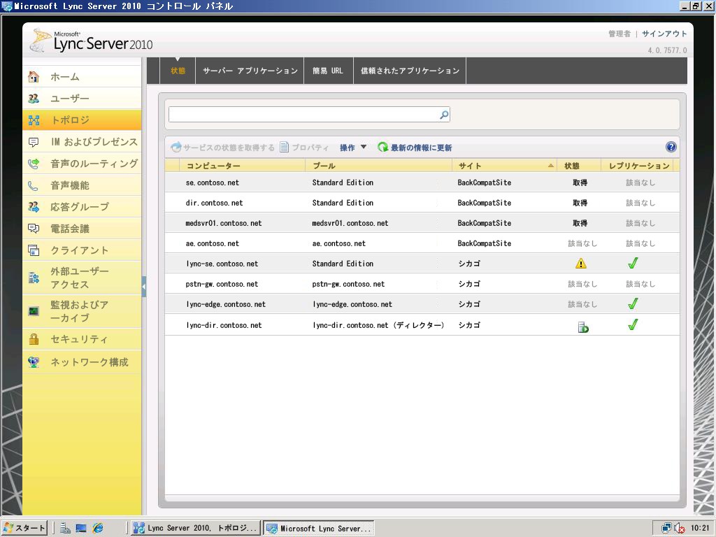 Lync Server コントロールパネル、マージ後のトポロジ