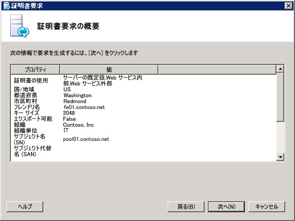 [証明書要求の概要] ページ