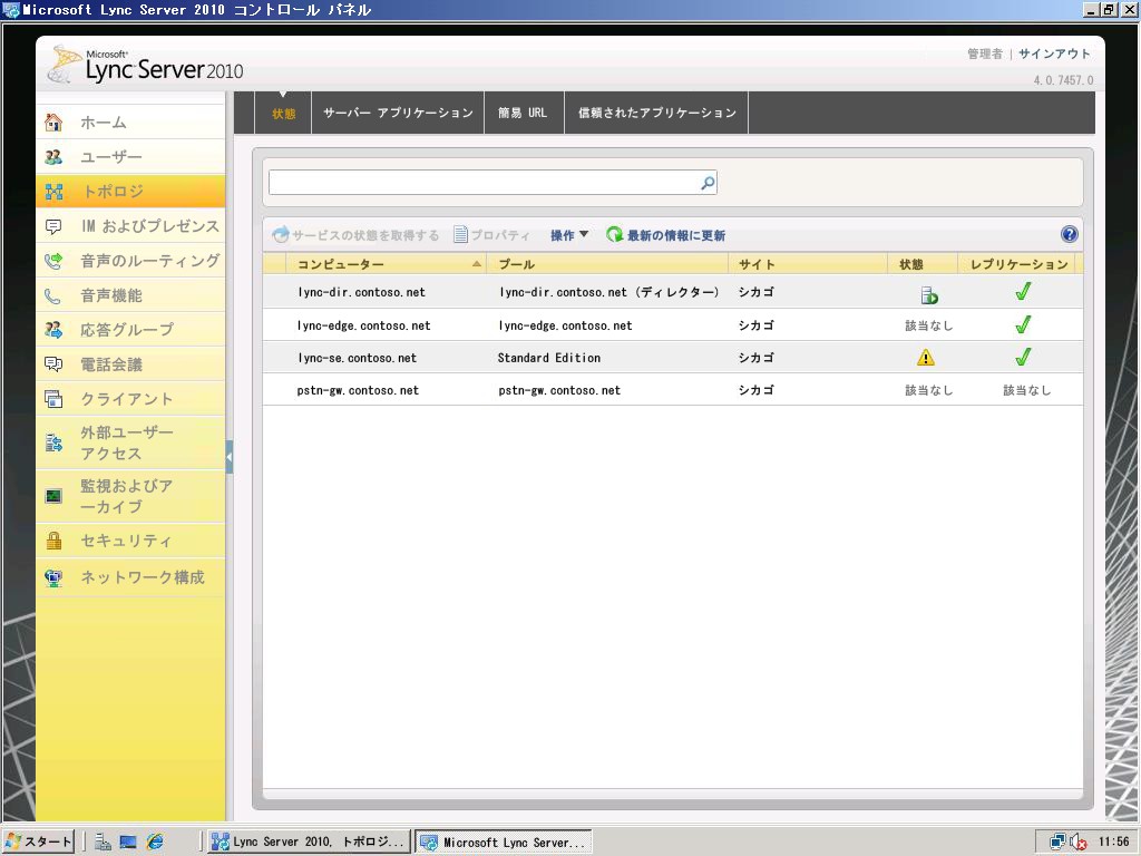 Lync Server コントロール パネル、[トポロジ] ページ