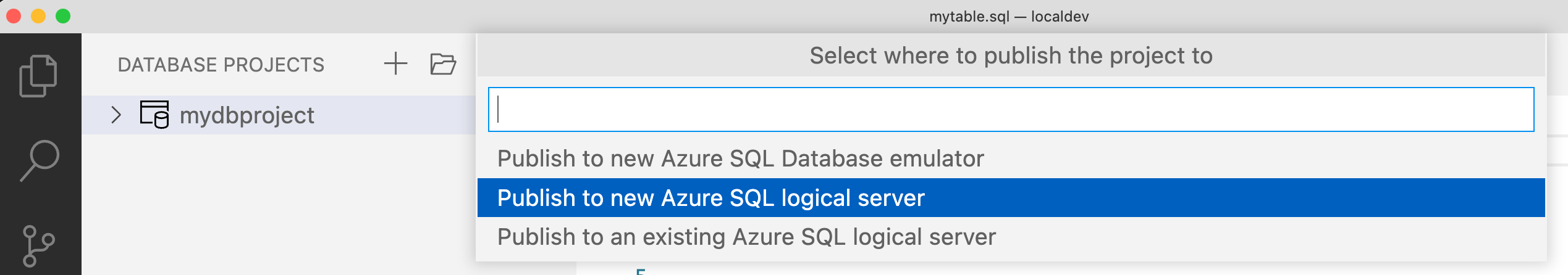 Azure SQL Database にデータベース プロジェクトを発行するスクリーンショット。