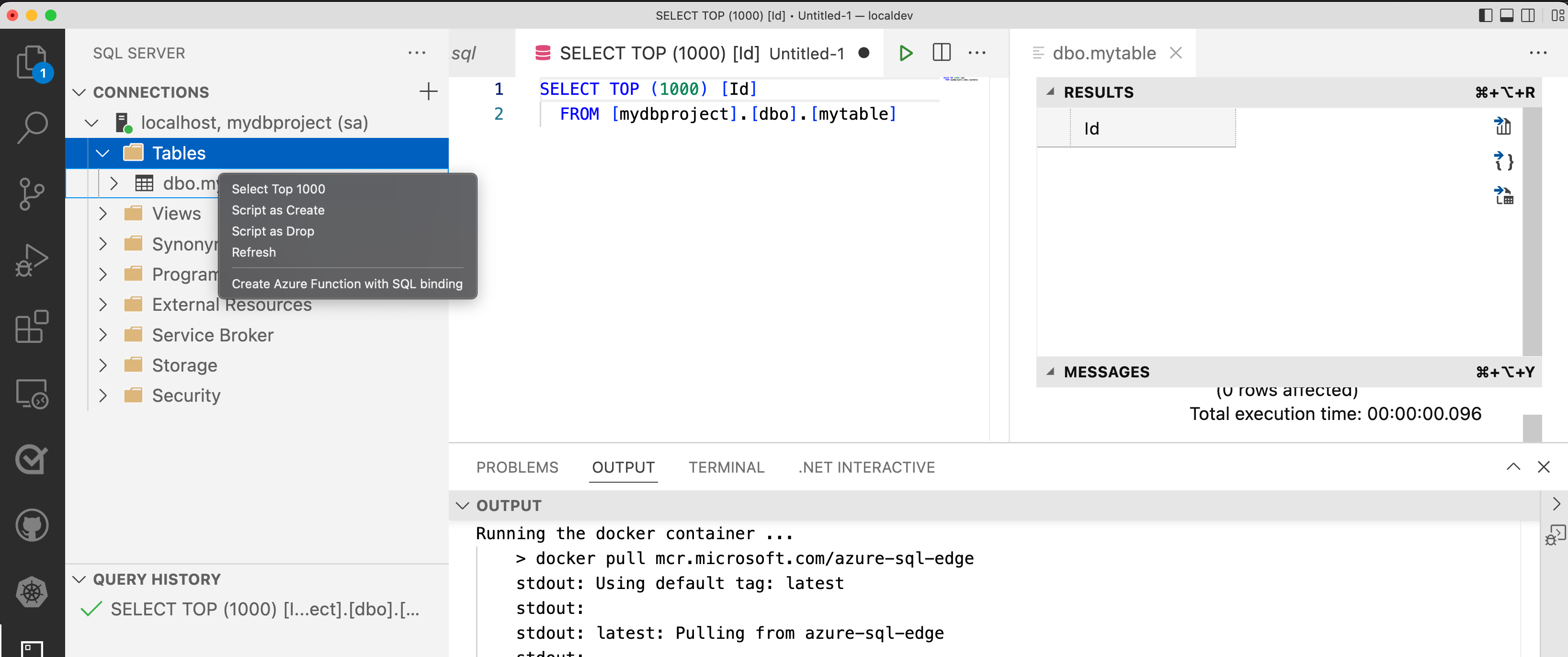 Azure SQL Database エミュレーターに接続し、クエリを実行するスクリーンショット。