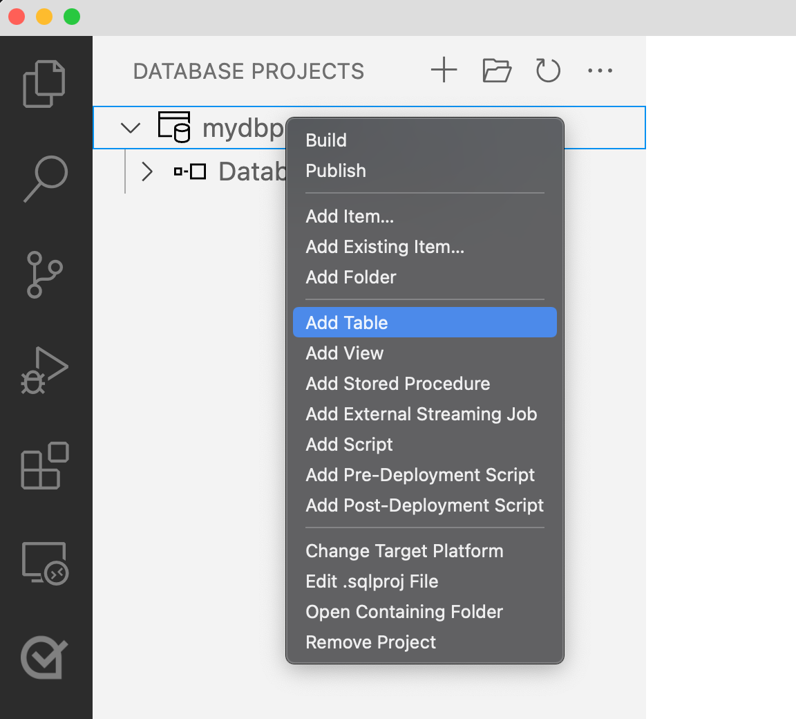 Visual Studio Code でデータベース プロジェクトのメニューからテーブルを追加するスクリーンショット。