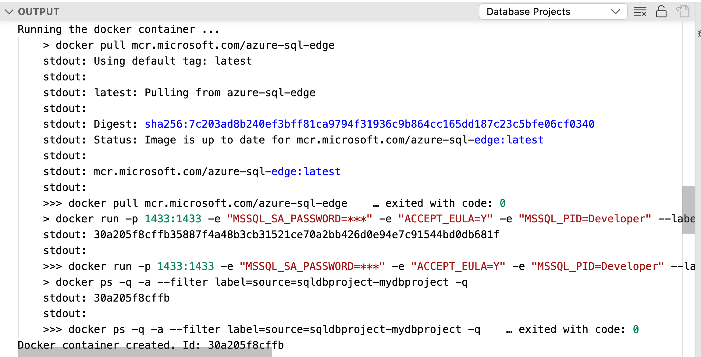 CLI を使用して Azure SQL Database エミュレーターを管理するスクリーンショット。