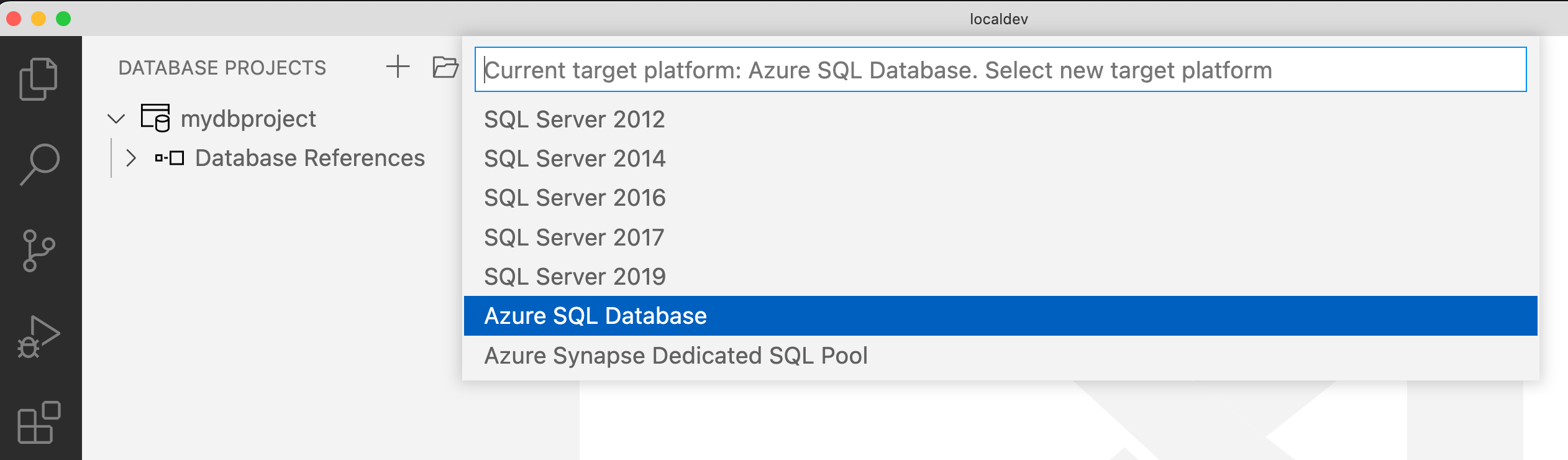 データベース プロジェクトのターゲットとして Azure SQL Database を選択するスクリーンショット。