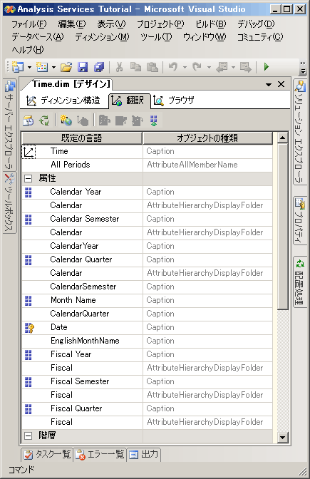 ディメンション デザイナの [翻訳] タブ