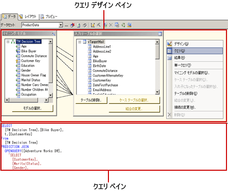 Analysis Services DMX クエリ デザイナ、クエリ ビュー