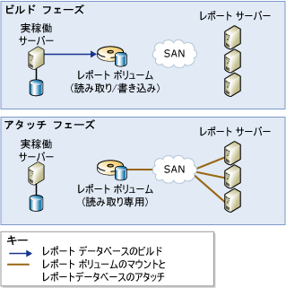 レポート作成ボリュームを 1 つ使用する、スケーラブルな共有データベース