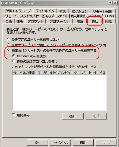 Active Directory の [アカウントのプロパティ] ページ