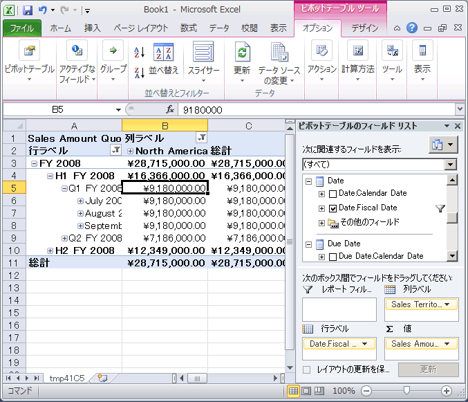 適切にディメンションが指定された Sales Quota メジャー グループ