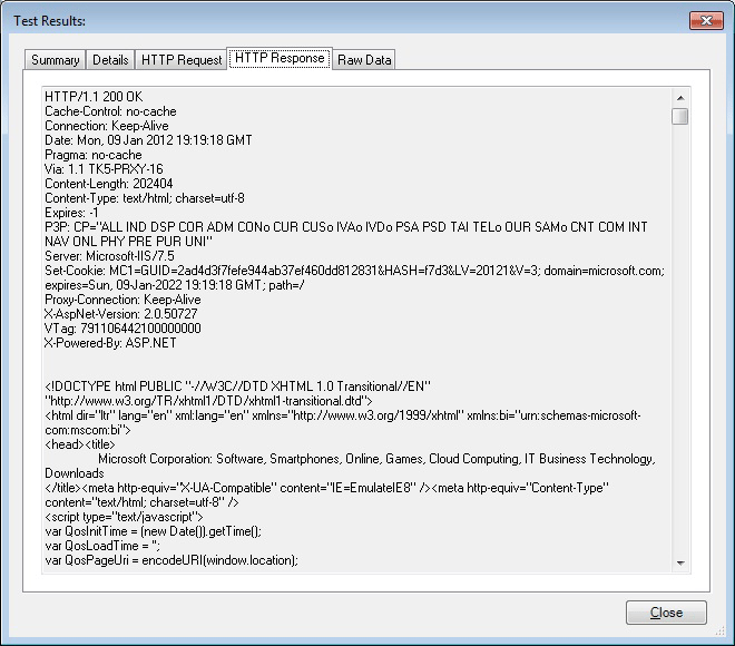 テスト結果の HTTP 応答タブ