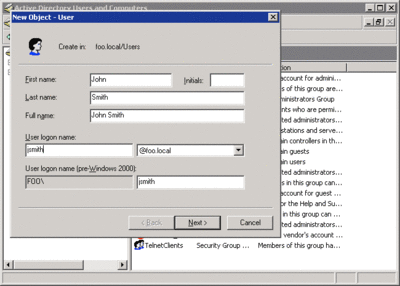 図 2 ADUC を使用したユーザーの作成