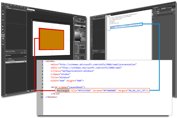 デザイン ビューと XAML ビューの連携