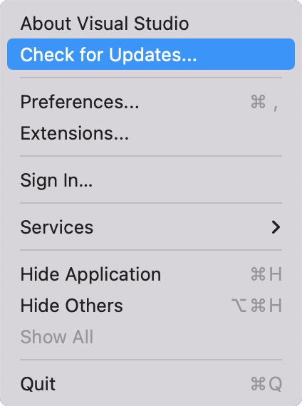 Screenshot of the Check for updates option off the Visual Studio menu.