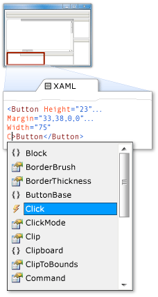 使用可能なイベントを表示した IntelliSense リスト