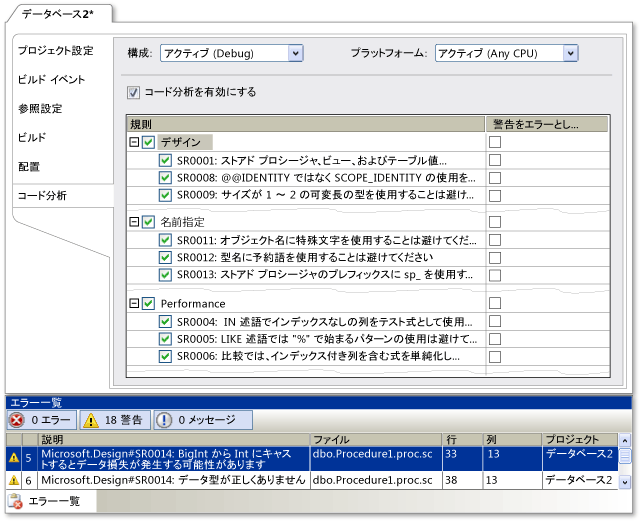 データベース コード分析の構成設定と結果